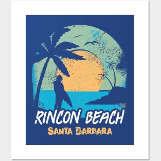 Retro Sunset Rincon Beach California Surfing // Retro Surfer Beach Posters and Art